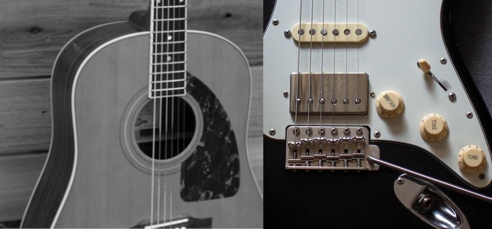 Black and white close up of acoustic guitar on left and electric guitar on right